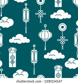Chinese lanterns, chinese money envelopes , coin for good luck, clouds. Festive traditions of different countries.