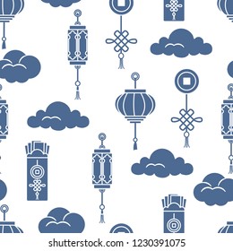 Chinese lanterns, chinese money envelopes , coin for good luck, clouds. Festive traditions of different countries.