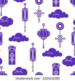 Chinese lanterns, chinese money envelopes , coin for good luck, clouds. Festive traditions of different countries.