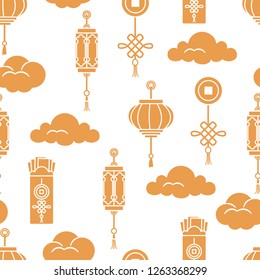 Chinese lanterns, chinese money envelopes , coin for good luck, clouds. Festive traditions of different countries.