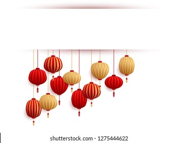 Chinese lanterns New Year card template. Holiday elements, china asian paper cut lamps, white frame with shadow. Chinese and chinatown festival paper red and gold lanterns vector illustrations.