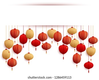 Chinese lanterns New Year card template. Holiday elements, china asian paper cut lamps, white frame with shadow. Chinese and chinatown festival paper red and gold lanterns vector illustrations.