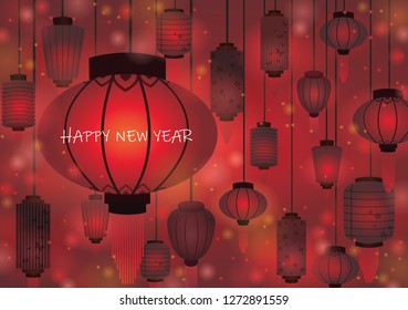 Chinese lanterns on red background vector for decoration on Chinese new year and Autumn festival.