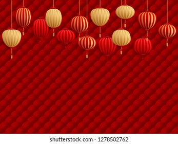 Chinese lanterns on traditional oriental pattern. Red and gold holiday graphic design, chinese new year card, poster or banner background with traditional paper lanterns hanging.