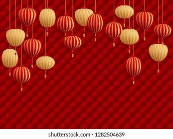 Chinese lanterns on traditional oriental pattern. Red and gold holiday graphic design, chinese new year card, poster or banner background with traditional paper lanterns hanging.