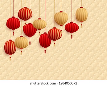 Chinese lanterns on traditional oriental pattern. Red and gold holiday graphic design, chinese new year card, poster or banner background with traditional paper lanterns hanging.