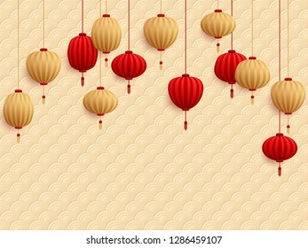 Chinese lanterns on traditional oriental pattern. Red and gold holiday graphic design, chinese new year card, poster or banner background with traditional paper lanterns hanging.