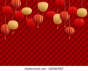 Chinese lanterns on traditional oriental pattern. Red and gold holiday graphic design, chinese new year card, poster or banner background with traditional paper lanterns hanging.