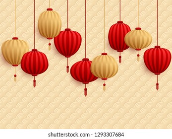 Chinese lanterns on traditional oriental pattern. Red and gold holiday graphic design, chinese new year card, poster or banner background with traditional paper lanterns hanging.