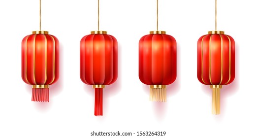 Chinese lanterns or paper lights, vector isolated on white background. Chinese New Year traditional red paper lanterns with tassels and golden decoration elements