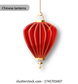 Chinese lanterns or paper lights, vector isolated on white background. Chinese, Japanese, Asian New Year traditional red paper lanterns. Realistic vector