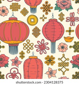 Patrón de farolillos chinos. Doodles asiáticos. Fondo de los símbolos de la cultura asiática. Los chinos suertudos no tienen encanto. Afortunado amuleto de monedas de nudo. Linterna roja. Decoración china de Año Nuevo.