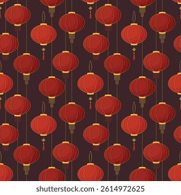 Chinese lanterns pattern. Seamless texture. Vector. Culture. Asian. Fabric. Textile. Wrapping. Red objects on a dark background. Religion. Holiday. Symbol.