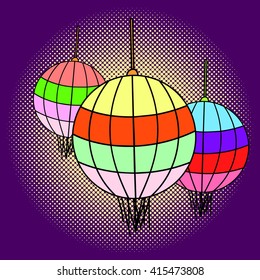 Chinese lanterns pop art vector. Beautiful style for comics. Hand-drawn