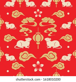 Chinese Lanterns and Rats seamless pattern background. Gold Chinese Lantern and Rats pattern.