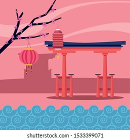 chinese lanterns and red gate over pink background, colorful design. vector illustration