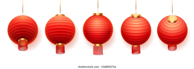 Chinese lanterns or red paper lights in different views, vector isolated on white background. Chinese New Year traditional lanterns with tassels and golden decoration elements