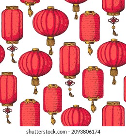 Chinesische Laternen nahtlos Muster. Handgezeichnete Vektorgrafik. Nahtloser Hintergrund. Asiatische neue Jahre rote Laternen. Vorlage entwerfen. Vintage-Illustration.