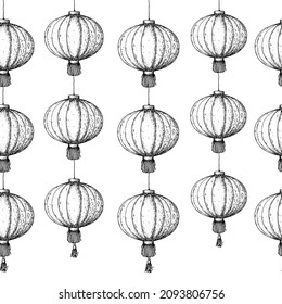 Chinese lanterns seamless pattern. Hand drawn sketch. Vector illustration. Seamless background. Asian new year red lanterns. Design template. Vintage illustration.