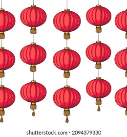 Chinese lanterns seamless pattern. Hand drawn vector illustration. Seamless background. Asian new year red lanterns. Design template. Vintage illustration.