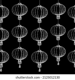 Chinese lanterns seamless pattern. Hand drawn sketch. Vector illustration. Seamless background. Asian new year red lanterns. Design template. Vintage illustration.