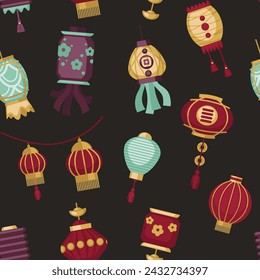 Chinese lanterns seamless pattern. Traditional asian lamps design. New year celebration. Contemporary festive garlands print for wrapping paper, scrapbooking and textile. Vector in flat style