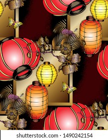 Chinese lanterns. Seamless pattern. Vector illustration. Suitable for fabric, wrapping paper and the like