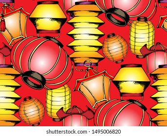 Chinese lanterns. Seamless pattern. Vector illustration. Suitable for fabric, wrapping paper and the like