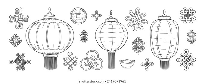 Se ponen linternas chinas. Doodles asiáticos. Símbolos culturales de Asia. Los chinos suertudos no tienen encanto. Afortunado amuleto de monedas de nudo. Linterna roja. Decoración china de Año Nuevo.