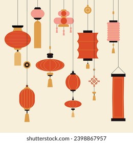 Chinese lanterns set. Traditional red Asian lamps. New year celebration. Contemporary decorative elements. Festive garland. Minimalist geometric design. Vector cartoon flat isolated illustration