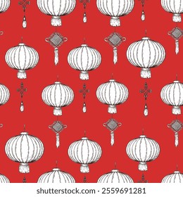Chinese lanterns sketch. Seamless pattern. Chinese new year.  Hand drawn vector illustration.	