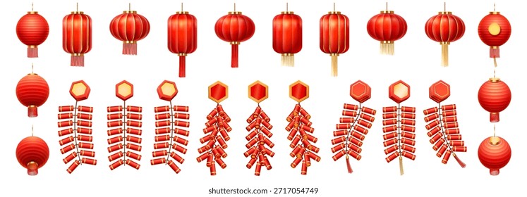 Chinesische Laternen in verschiedenen Formen und Größen. Vektorrunde und ovale Papierleuchten mit Quasten und festlichen Klängen. Mond Neujahr Lichter oder Festival. Urlaub, Kultur und Dekoration