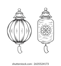 Lanternas chinesas. Ilustração vetorial em cores pretas e brancas isoladas em um fundo branco.