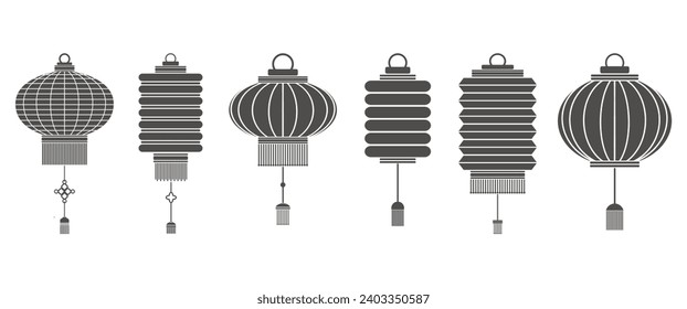 Vector de faroles chinos. Año Nuevo chino, antecedentes del Festival de Mediados de Otoño, cartel y tarjeta de saludo. Diseño geométrico minimalista plano. Ilustración del vector
