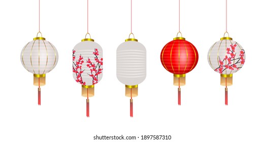 Chinese lanterns vector set, Chinese New Year red and white lamps with sakura. Festival decoration. Realistic 3d design elements