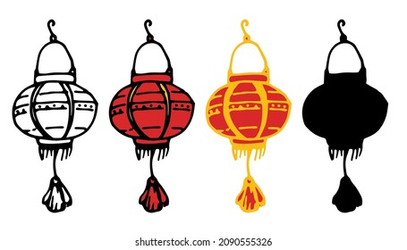 Chinese lanterns are very yellow. round shaped lanterns in a flat style. a set of isolated elements of a Japanese street lamp consisting of balls of red and yellow colors, an isolated black outline 