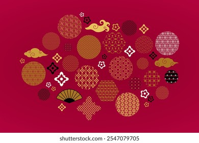 Grande conjunto chino de Elementos redondos hexagonales y florales con adorno de malla decorativa de la cultura tradicional oriental en tonos dorados y rojos. colección de Elementos de Vector