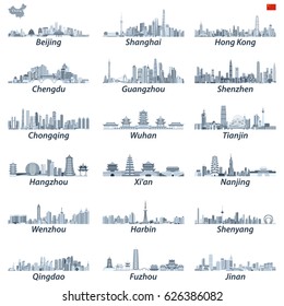 Chinese largest cities skylines in tints of blue color palette with map and flag of China. Vector collection