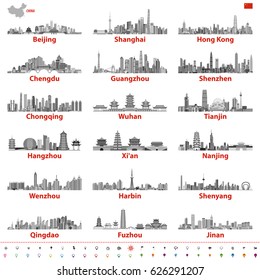 Chinese largest city skylines in black and white color palette vector illustration with map and flag of China; navigation, location and travel icons