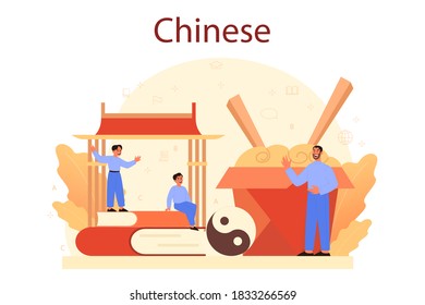Chinese learning concept. Language school chinese course. Study foreign languages with native speaker. Idea of global communication. Vector illustration in cartoon style