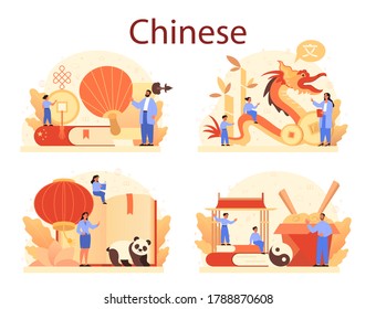 Chinese learning concept set. Language school chinese course. Study foreign languages with native speaker. Idea of global communication. Vector illustration in cartoon style