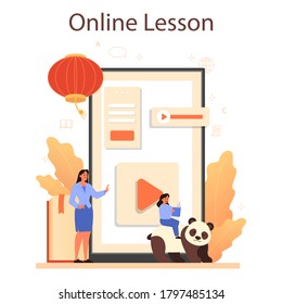 Chinese learning online service or platform. Chinese school course. Study foreign languages with native speaker. Online lesson. Vector illustration