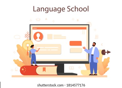 Chinese learning online service or platform. Chinese school course. Study foreign languages with native speaker. Language school. Vector illustration
