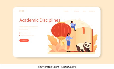 Chinese learning web banner or landing page. Language school chinese course. Study foreign languages with native speaker. Idea of global communication. Vector illustration in cartoon style