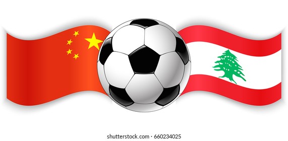 Chinese and Lebanese wavy flags with football ball. China combined with Lebanon isolated on white. Football match or international sport competition concept.