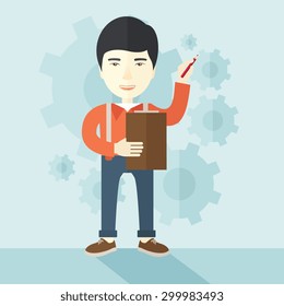 Un profesor chino preparando su informe sobre el diagrama estadístico con su pluma y su cuaderno. Un estilo contemporáneo con una paleta pastel y un fondo de tonos azules. Ilustración de diseño plana vectorial. Cuadrado