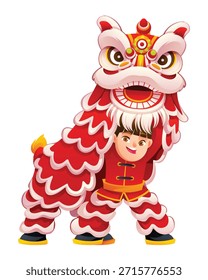 Baile del león chino con un bailarín del muchacho que levanta el traje rojo y que sonríe aislado por un fondo blanco. Vector ilustración de dibujos animados