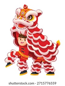 Baile del león chino con un bailarín del muchacho que levanta el traje rojo y que revela su cara aislada por un fondo blanco. Vector ilustración de dibujos animados