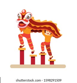 Chinese Lion Dance, Gong Xi Fa Cai Traditional dance in new year cartoon flat illustration vector