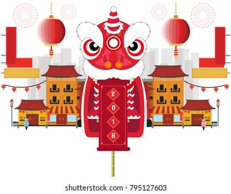 Chinese lion dance and happy Chinese new year.